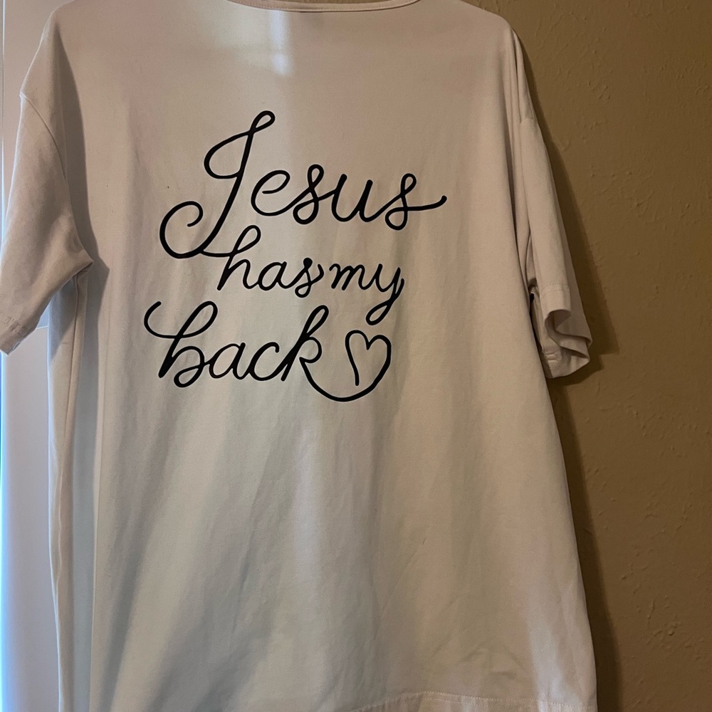 ‘Jesus Has My Back’ - White T-Shirt with Black Script